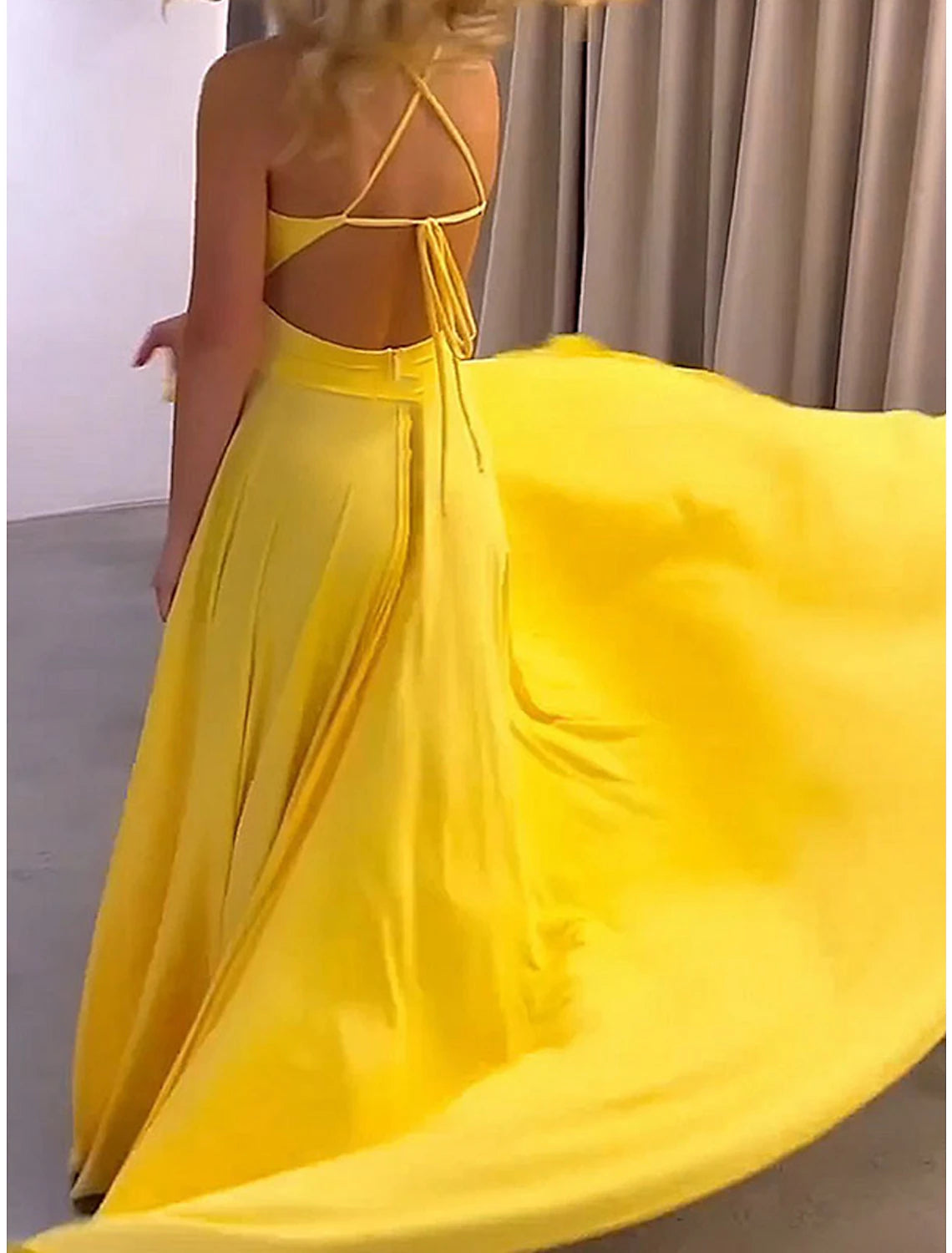 Vestido de fiesta para mujer, vestido de fiesta, vestido largo, vestido maxi, amarillo, sin mangas, color puro, fruncido, otoño, invierno, otoño, tirantes finos, moda, fiesta de noche, vacaciones